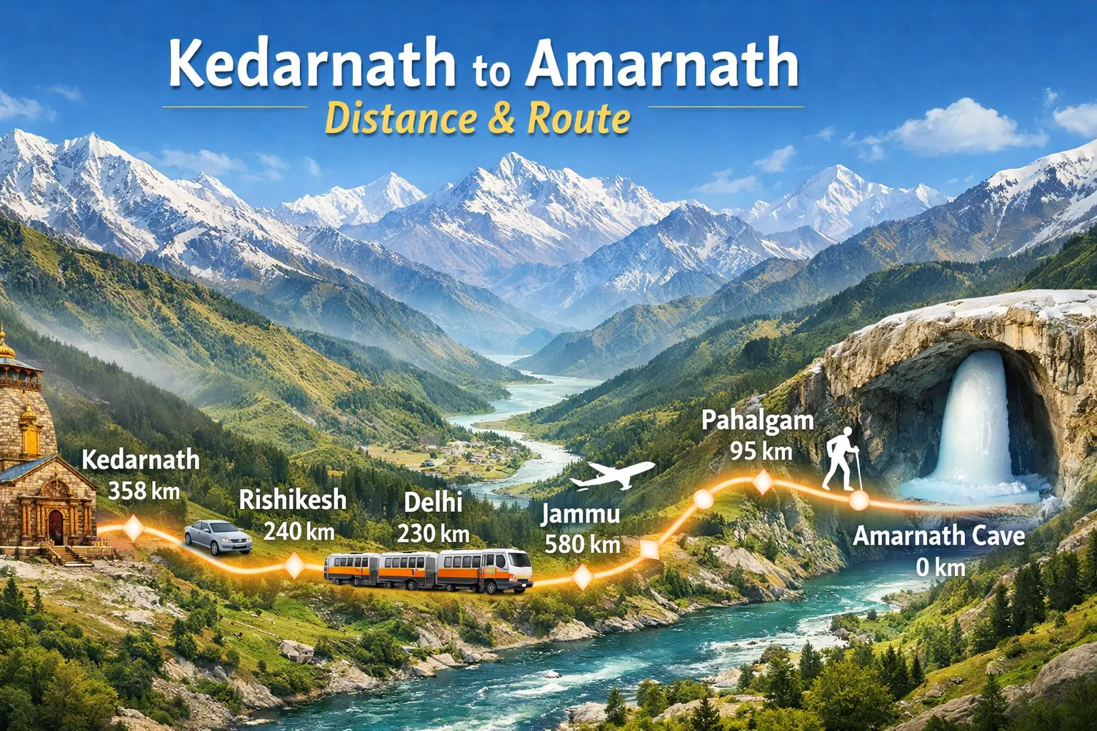 Kedarnath to Amarnath Distance & Route by Car, Bus, Flight with Budget Plan