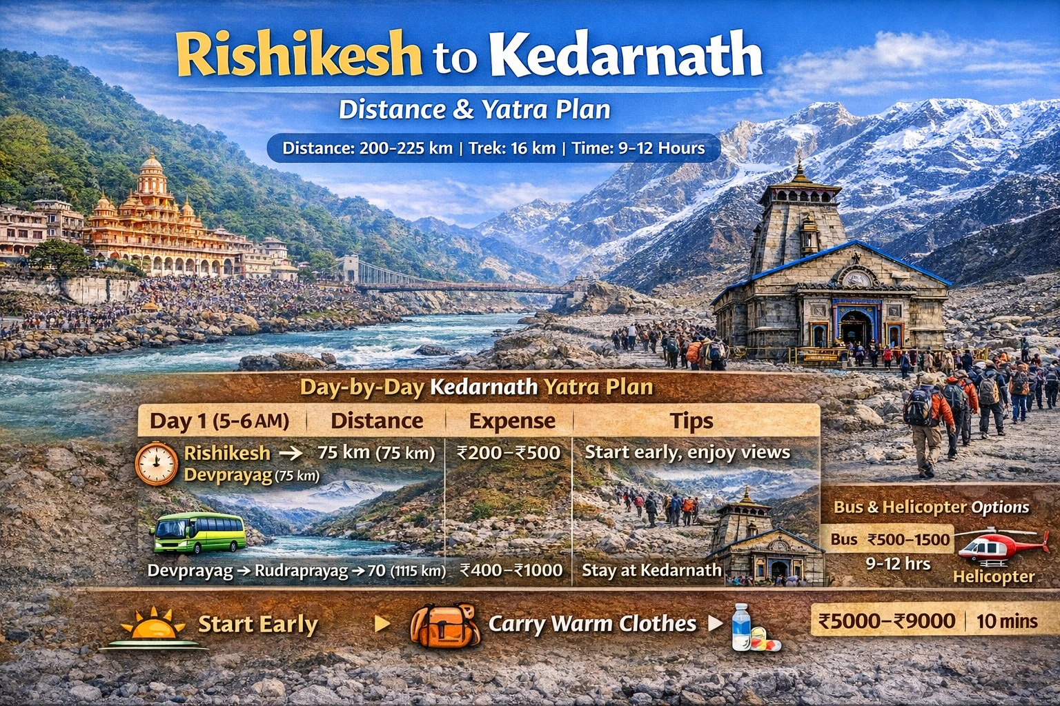 Rishikesh to Kedarnath Distance, Bus, Helicopter & Tour Plan